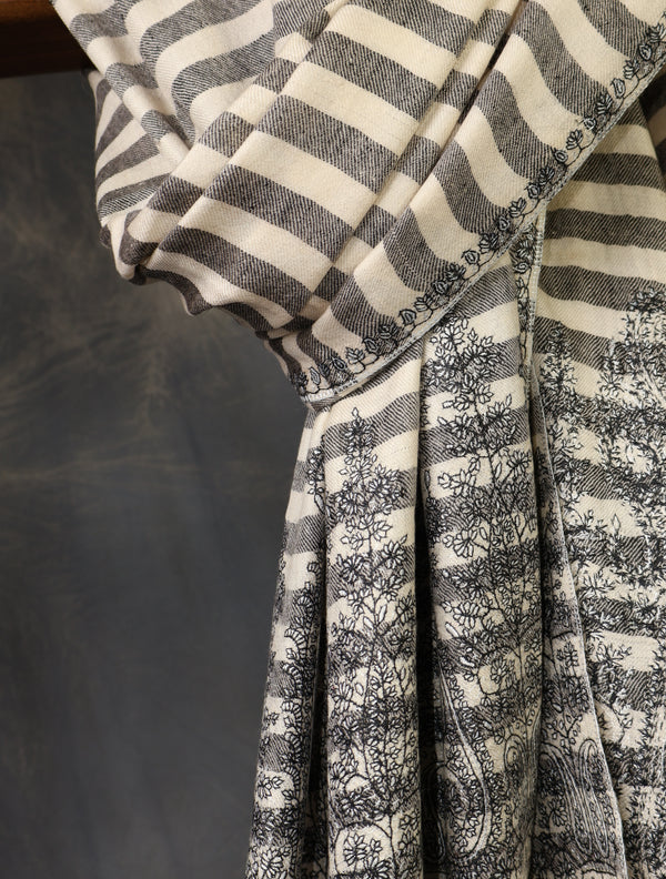 Ivory Black Striped With Big Border Embroidery Cashmere Pashmina Shawl — pashmina shawl detail