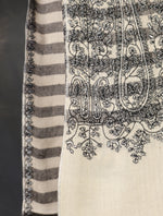Ivory Black Striped With Big Border Embroidery Cashmere Pashmina Shawl