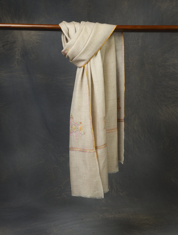 Ivory Boteh Motif Embroidery Cashmere Pashmina Shawl — Jali openwork embroidery pashmina shawl from Srinagar