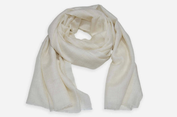 Ivory cashmere scarf for women flat lay — authentic Kashmiri pashmina in warm cream ivory