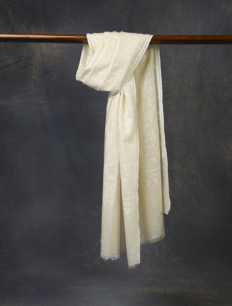 Ivory Jali Embroidery Cashmere Pashmina Scarf
