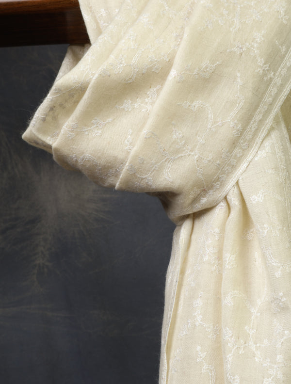 Ivory Jali Embroidery Cashmere Pashmina Scarf — cashmere winter shawl embroidery detail