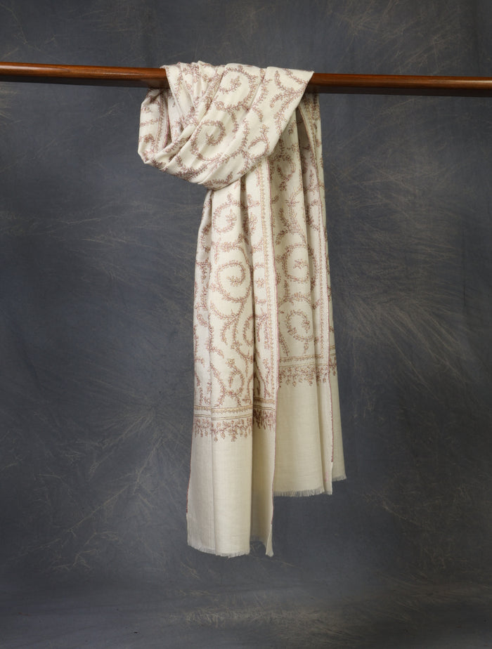 Ivory Jali Embroidery Cashmere Pashmina Scarf
