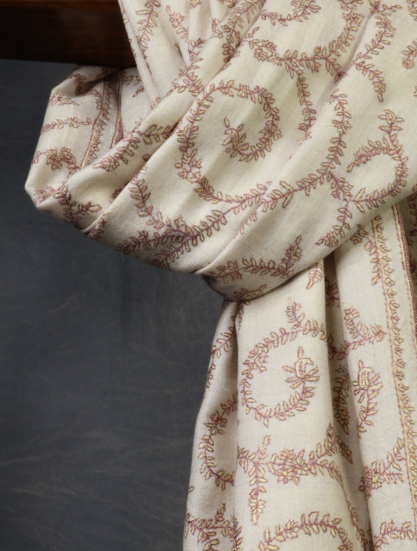 Ivory Jali Embroidery Cashmere Pashmina Scarf — cashmere winter shawl embroidery detail