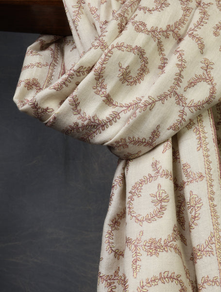  Ivory Jali Embroidery Cashmere Pashmina Scarf