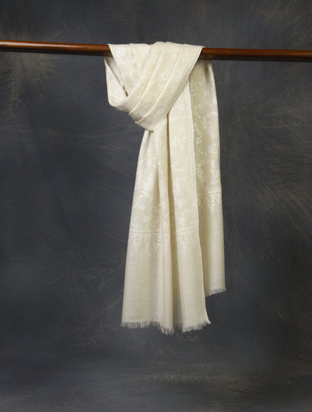 Ivory Jali Embroidery Cashmere Pashmina Scarf
