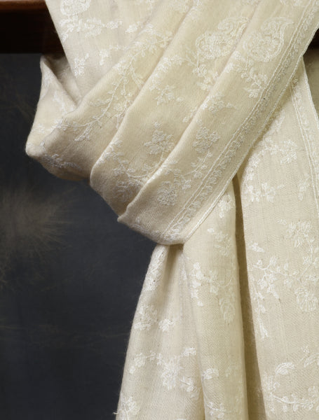 Ivory Jali Embroidery Cashmere Pashmina Scarf
