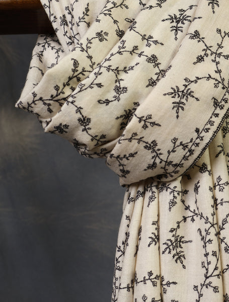 Ivory Jali Embroidery Cashmere Pashmina Shawl