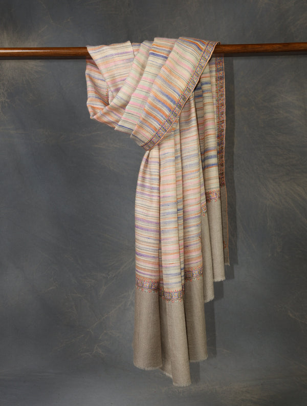 Ivory Multicolor Ikkat Small Border Embroidery Cashmere Pashmina Shawl — Sozni border embroidery pashmina shawl from Kashmir