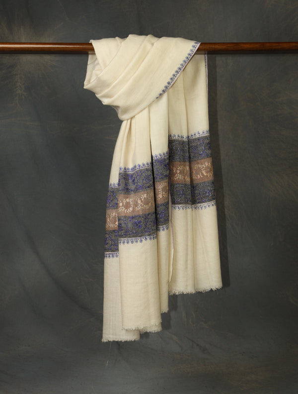 Ivory Striped Border Embroidery Cashmere Pashmina Shawl — Sozni border embroidery pashmina shawl from Kashmir