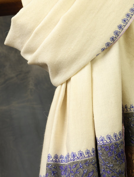 Ivory Striped Border Embroidery Cashmere Pashmina Shawl