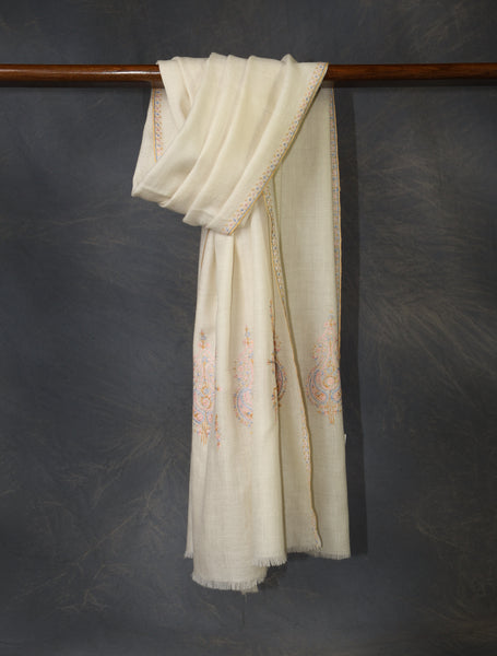 Ivory With Big Buteh Motif Border Embroidery Cashmere Pashmina Scarf 