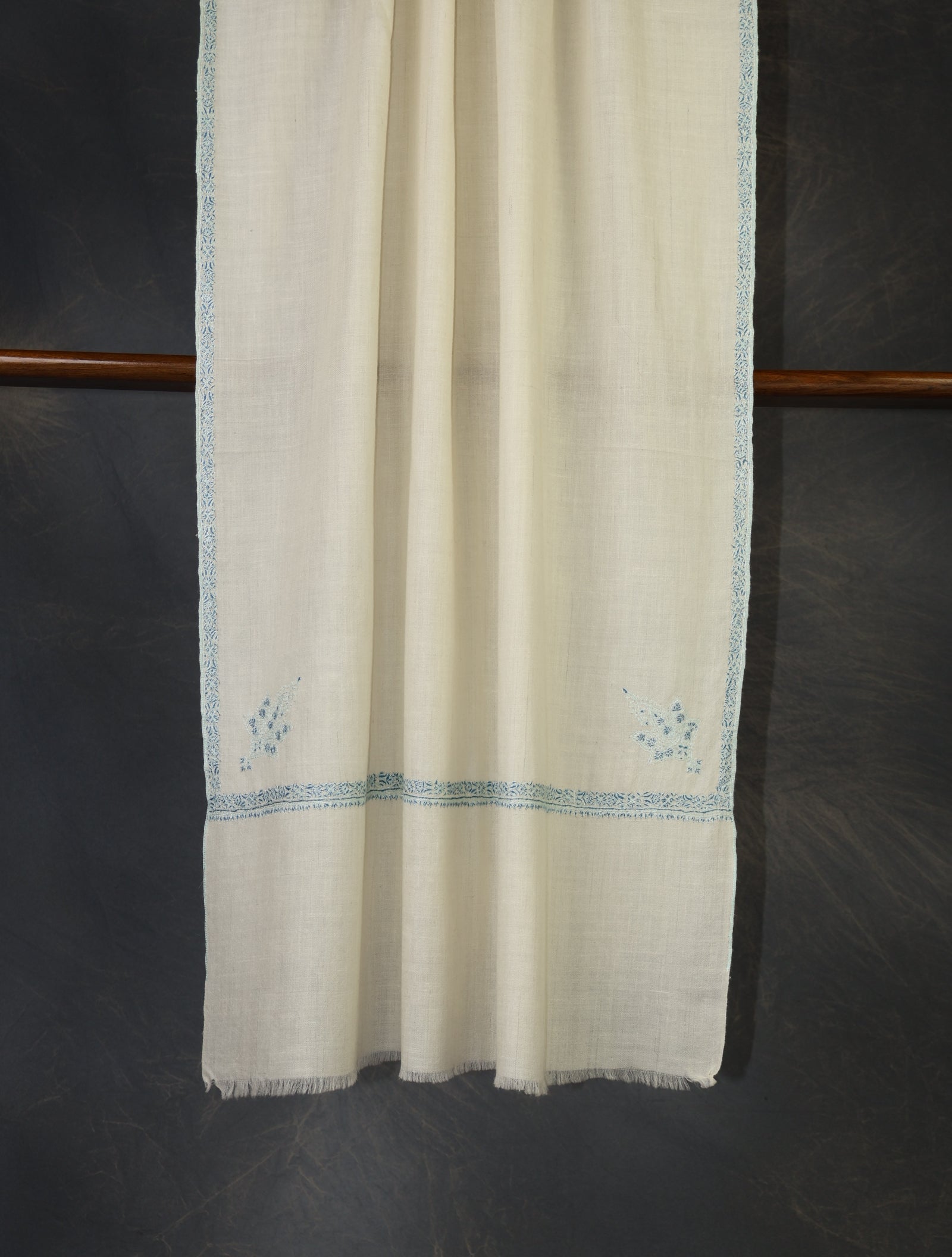 Ivory With Blue Border Embroidery Cashmere Pashmina Scarf – purekashmir.com