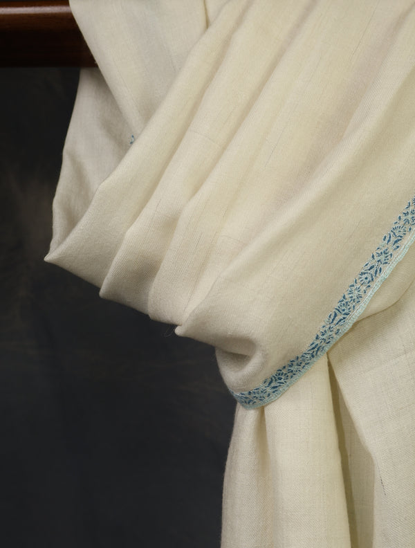 Ivory With Blue Border Embroidery Cashmere Pashmina Scarf – detail view