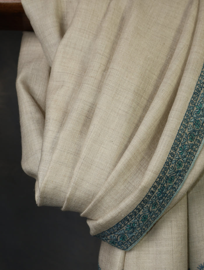 Ivory With Blue Border Embroidery Cashmere Pashmina Shawl