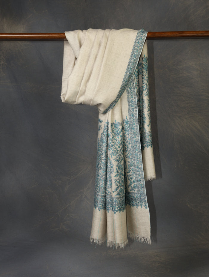 Ivory With Blue Border Embroidery Cashmere Pashmina Shawl