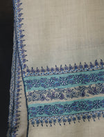 Ivory With Blue Striped And Motif Border Embroidery Cashmere Pashmina Scarf