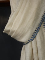 Ivory With Blue Striped And Motif Border Embroidery Cashmere Pashmina Scarf 
