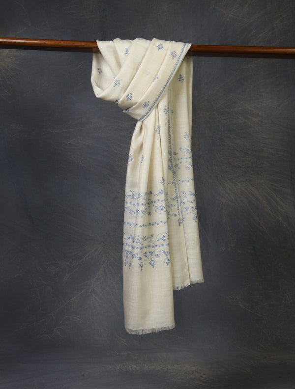 Ivory With Buteh Embroidery Cashmere Pashmina Scarf — embroidered cashmere winter shawl from Kashmir