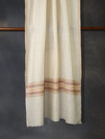 Ivory With Cream Striped And Motif Border Embroidery Cashmere Pashmina Scarf