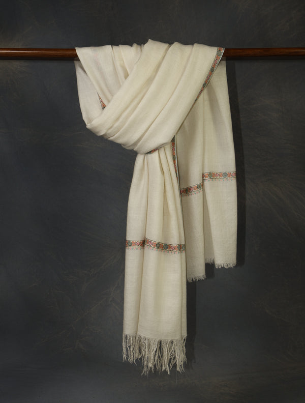 Ivory With Small Border Embroidery Cashmere Pashmina Scarf — Sozni border embroidery pashmina shawl from Kashmir
