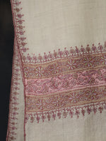 Ivory With Striped Motif Border Embroidery Cashmere Pashmina Scarf 