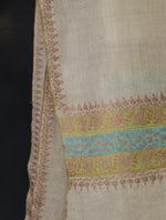 Ivory With Striped Motif Border Embroidery Cashmere Pashmina Scarf
