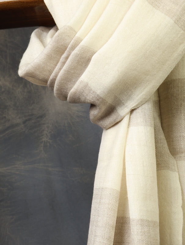 Ivory and Natural Plaid Pure Cashmere Pashmina Scarf