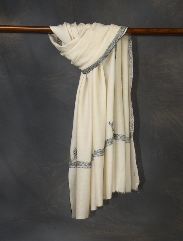 Ivory colour with Black Small Border Embroidery Cashmere Pashmina Shawl — Sozni border embroidery pashmina shawl from Kashmir