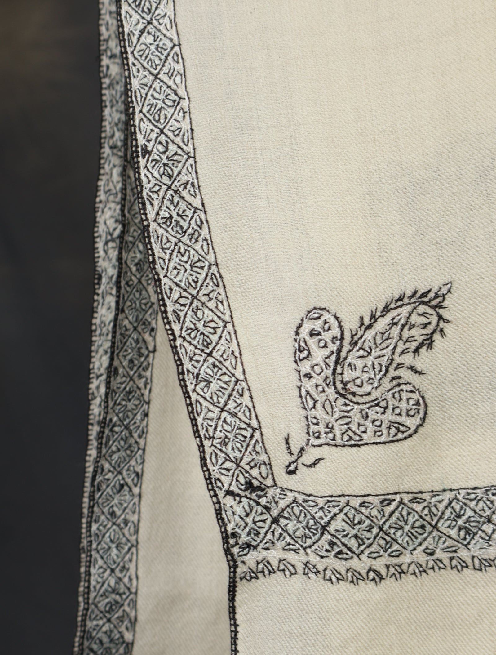 Ivory colour with Black Small Border Embroidery Cashmere Pashmina Shaw ...