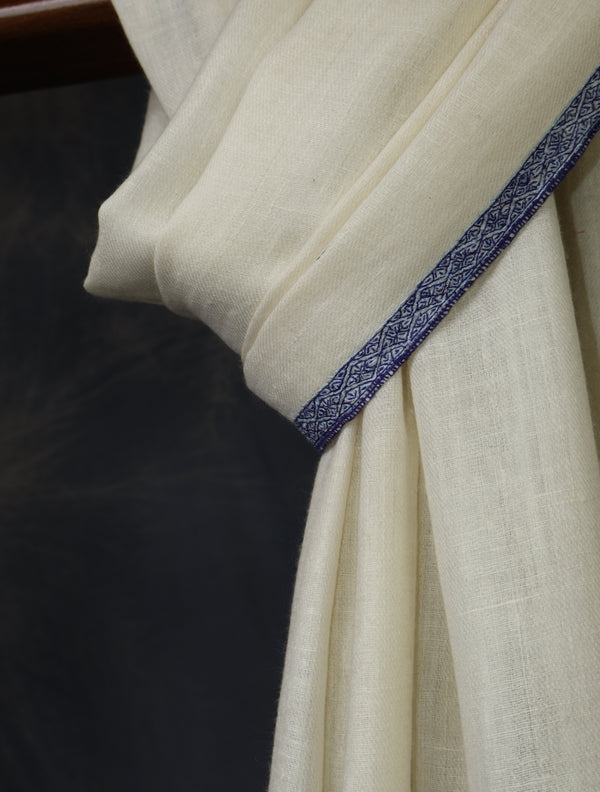 Ivory colour with Blue Small Border Embroidery Cashmere Pashmina Scarf — pashmina shawl detail