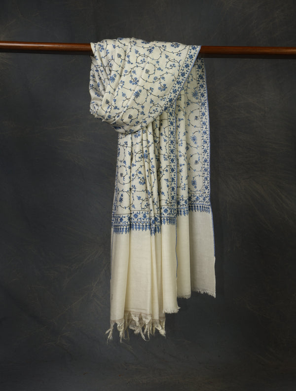 Ivory Base Jali Embroidery Cashmere Pashmina Shawl — Jali openwork embroidery pashmina shawl from Srinagar