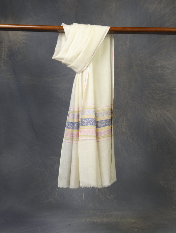 Ivory with Border Embroidery Cashmere Pashmina Scarf