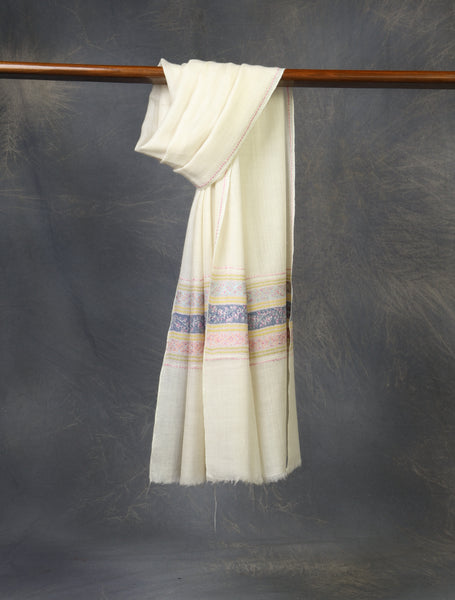 Ivory with Border Embroidery Cashmere Pashmina Scarf