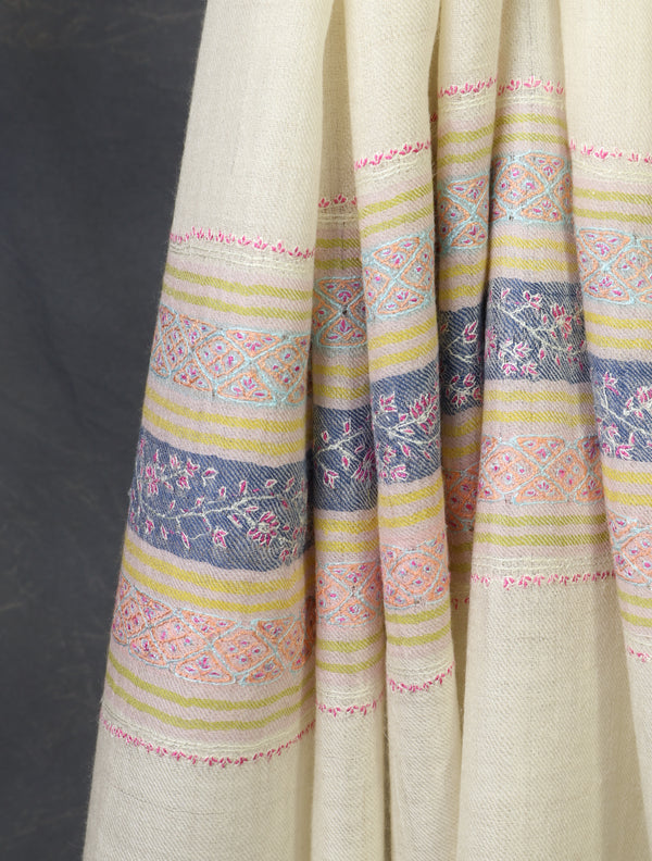 Ivory with Border Embroidery Cashmere Pashmina Scarf – detail view
