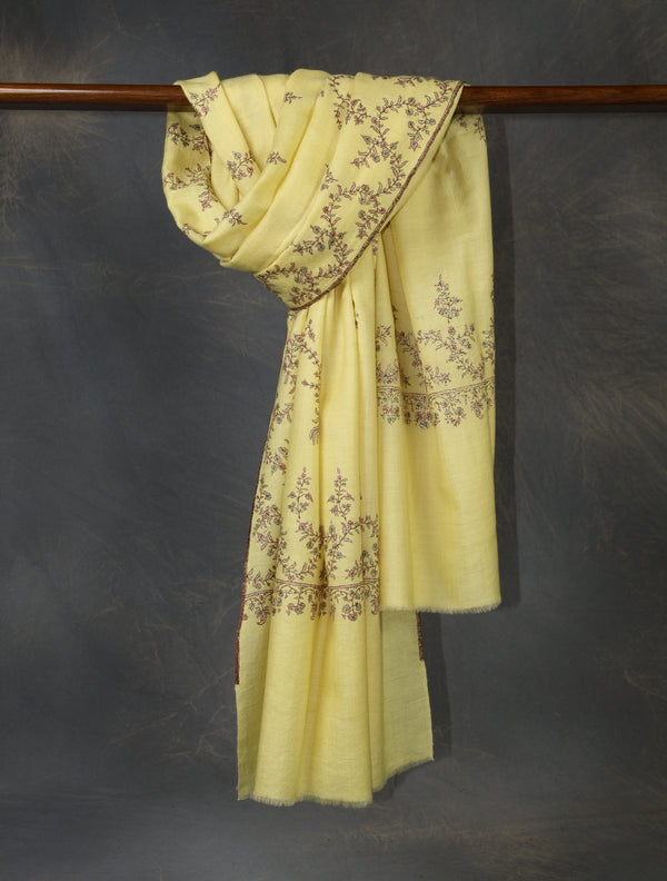 Lemon Big border And Motif Embroidery Cashmere Pashmina Shawl — Jali openwork embroidery pashmina shawl from Srinagar