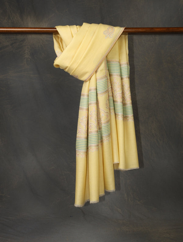 Lemon Yellow Base Motif Embroidery Cashmere Pashmina Shawl — Jali openwork embroidery pashmina shawl from Srinagar