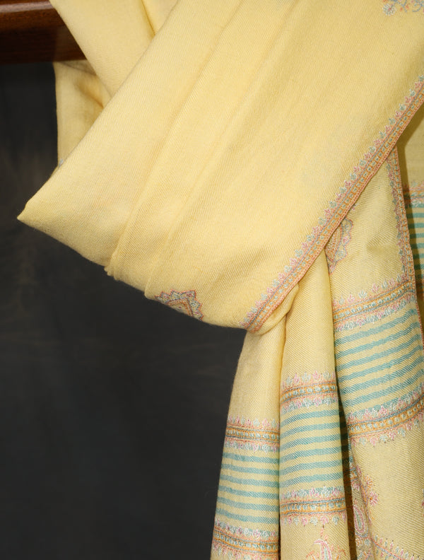 Lemon Yellow Base Motif Embroidery Cashmere Pashmina Shawl — pashmina shawl detail