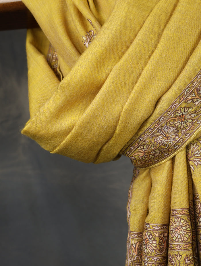 Light Mustard Base Big Border Embroidery Cashmere Pashmina Shawl