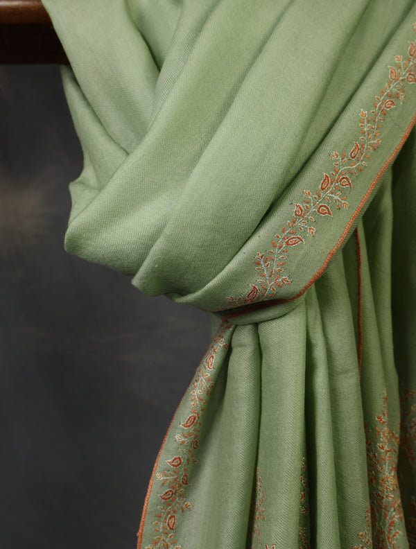Light Pastel Green Big Border Embroidery Cashmere Pashmina Shawl — pashmina shawl detail