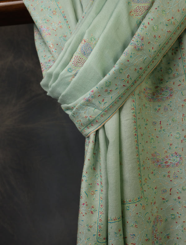 Light Pastel Green Boteh Motifs Embroidery Cashmere Pashmina Shawl — pashmina shawl detail