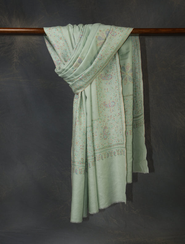 Light Pastel Green Boteh Motifs Embroidery Cashmere Pashmina Shawl — Jali openwork embroidery pashmina shawl from Srinagar
