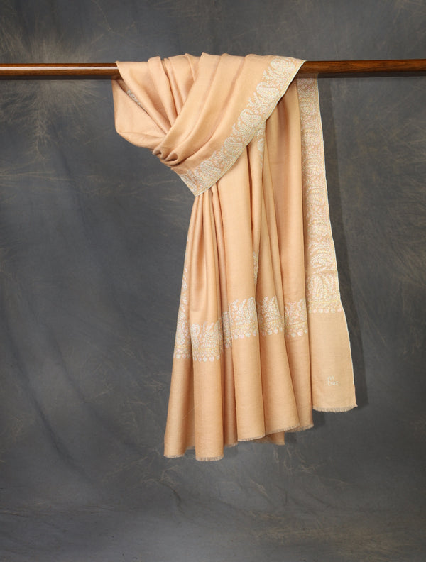 Light Peach Base With Small Border Embroidery Cashmere Pashmina Shawl — Sozni border embroidery pashmina shawl from Kashmir