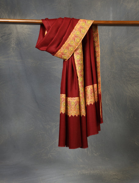 Maroon Big Border Embroidery Cashmere Pashmina Shawl