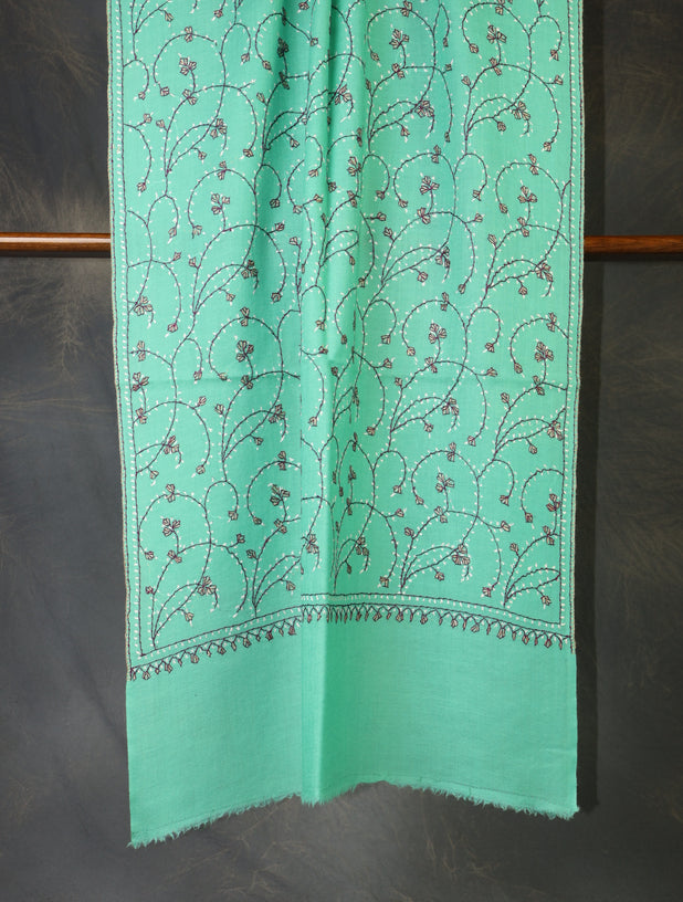 Mint Green Base Jali Sozni Embroidery Merino Wool Scarf