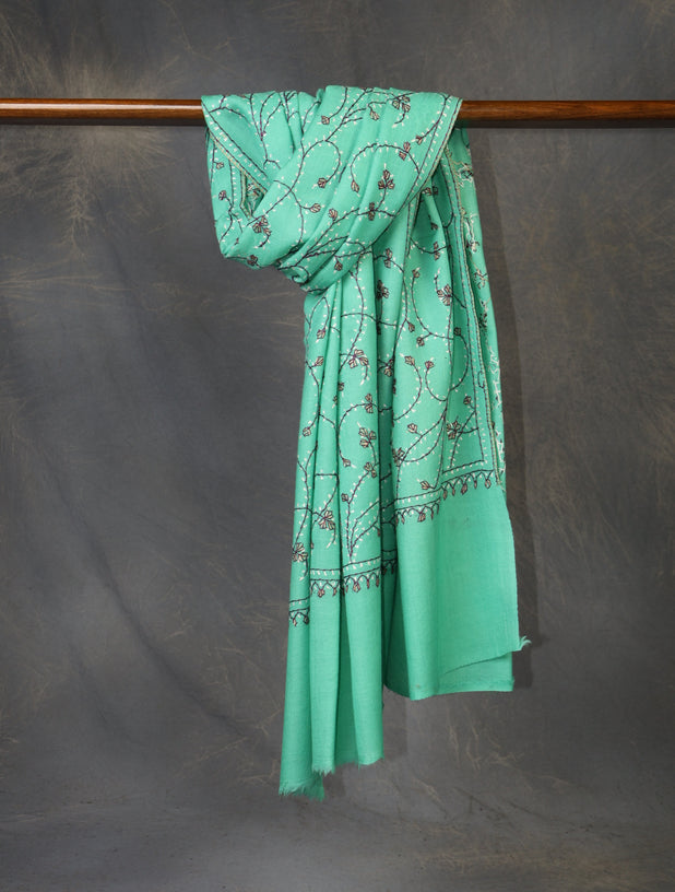 Mint Green Base Jali Sozni Embroidery Merino Wool Scarf