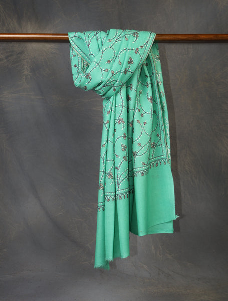 Mint Green Base Jali Sozni Embroidery Merino Wool Scarf
