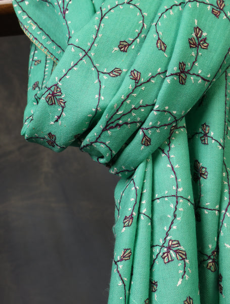 Mint Green Base Jali Sozni Embroidery Merino Wool Scarf