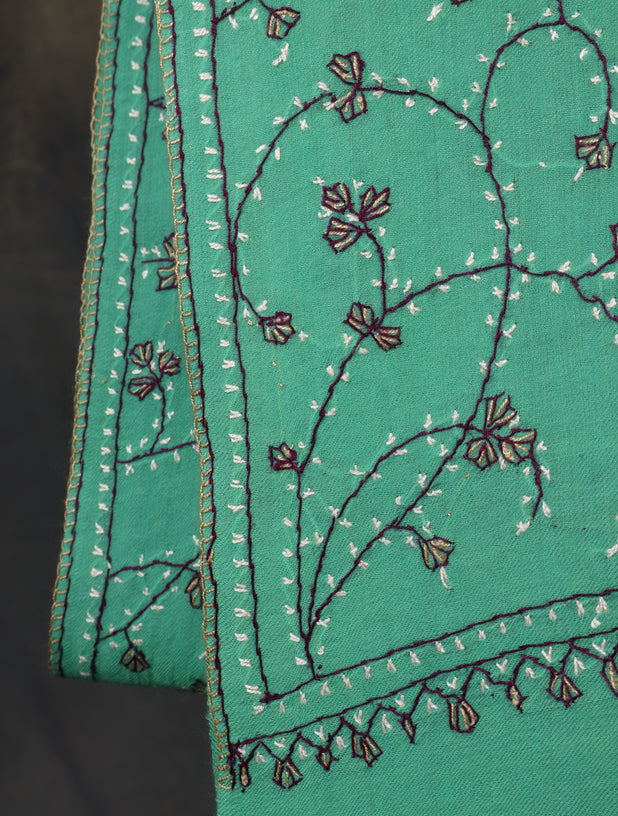 Mint Green Base Jali Sozni Embroidery Merino Wool Scarf
