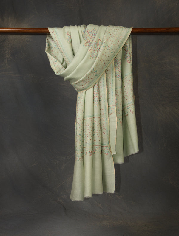 Mint Green Motif Embroidery Cashmere Pashmina Shawl — Jali openwork embroidery pashmina shawl from Srinagar